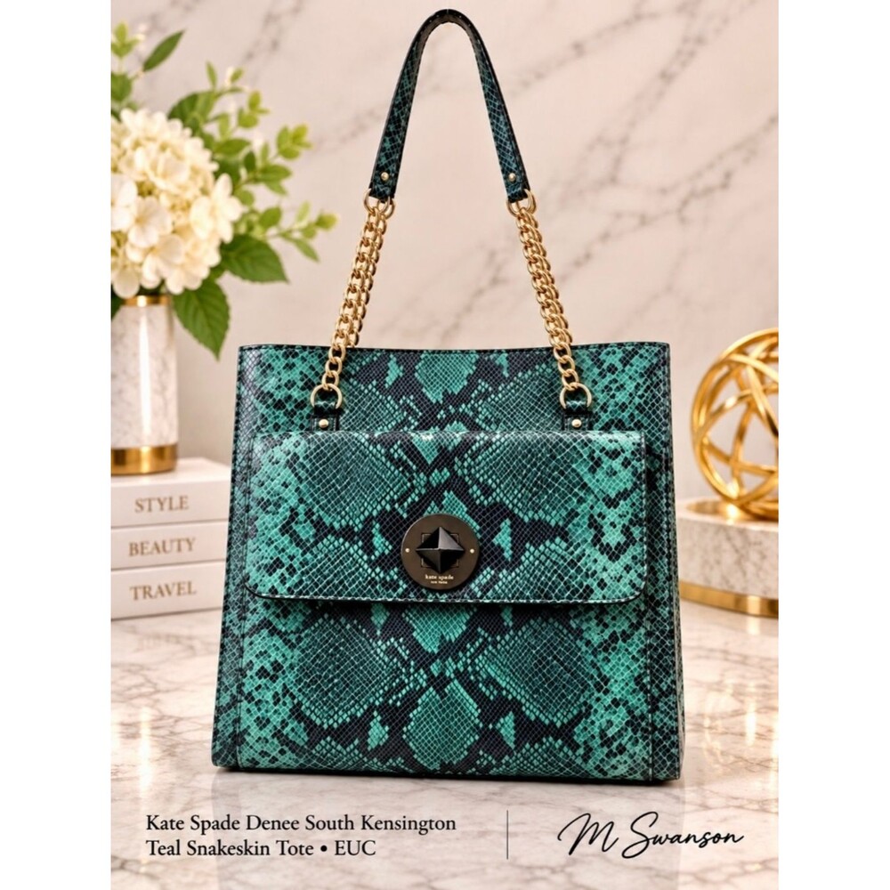Kate Spade Denee South Kensington Teal Snakeskin Leather Tote Shoulder Bag EUC